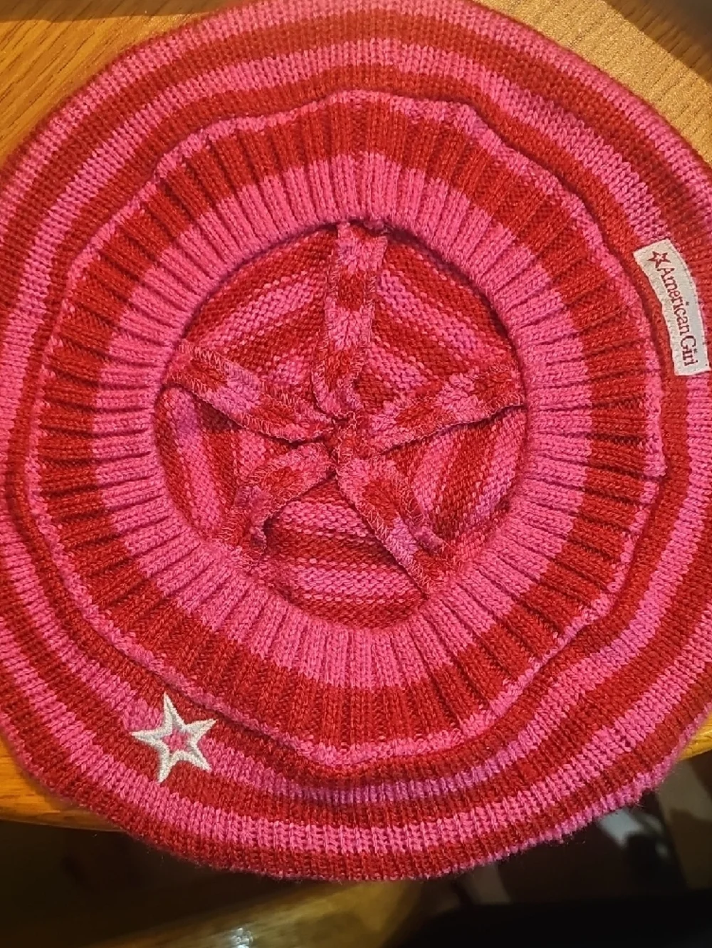 American Girl NWOT Girls Pink and Red Striped Knit Beret with Star Accent